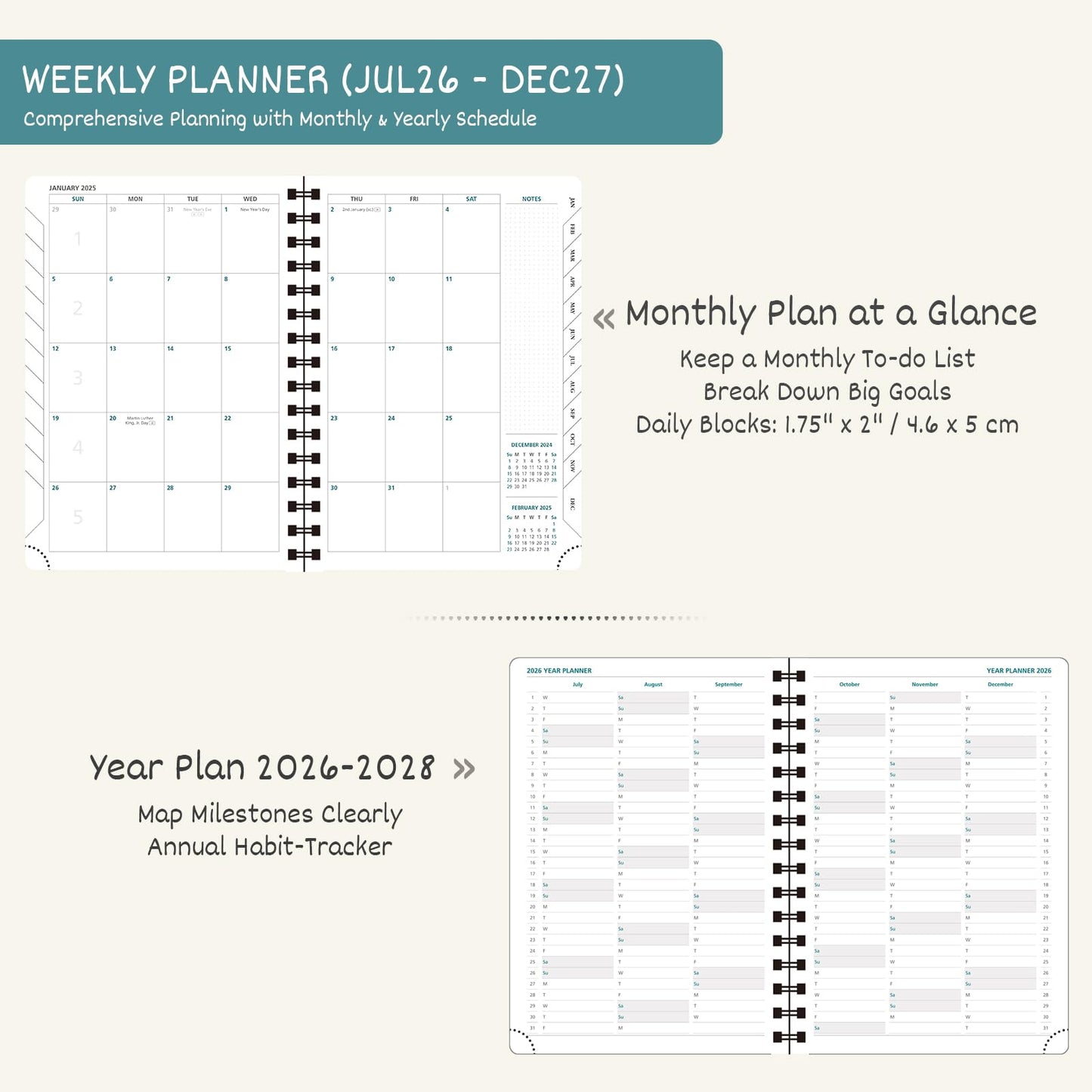 BEZEND Weekly Planner 2026-2027 (8.5" x 11") with Hourly Timeslots (Jul 26-Dec 27) 18 Months Academic Calendar & Monthly Tabs, for Students, Work & Home, Spiral PU Leather Softcover -Turquoise