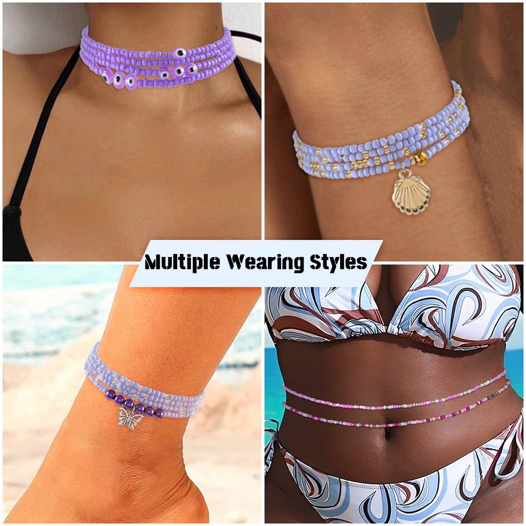 ELABEST 24-39inch African Waist Beads for Women 8Pcs Elastic Belly Beads Colorful Beaded Waist Jewelry Accessories Body Chain (Purple, 27.5inch/70cm)