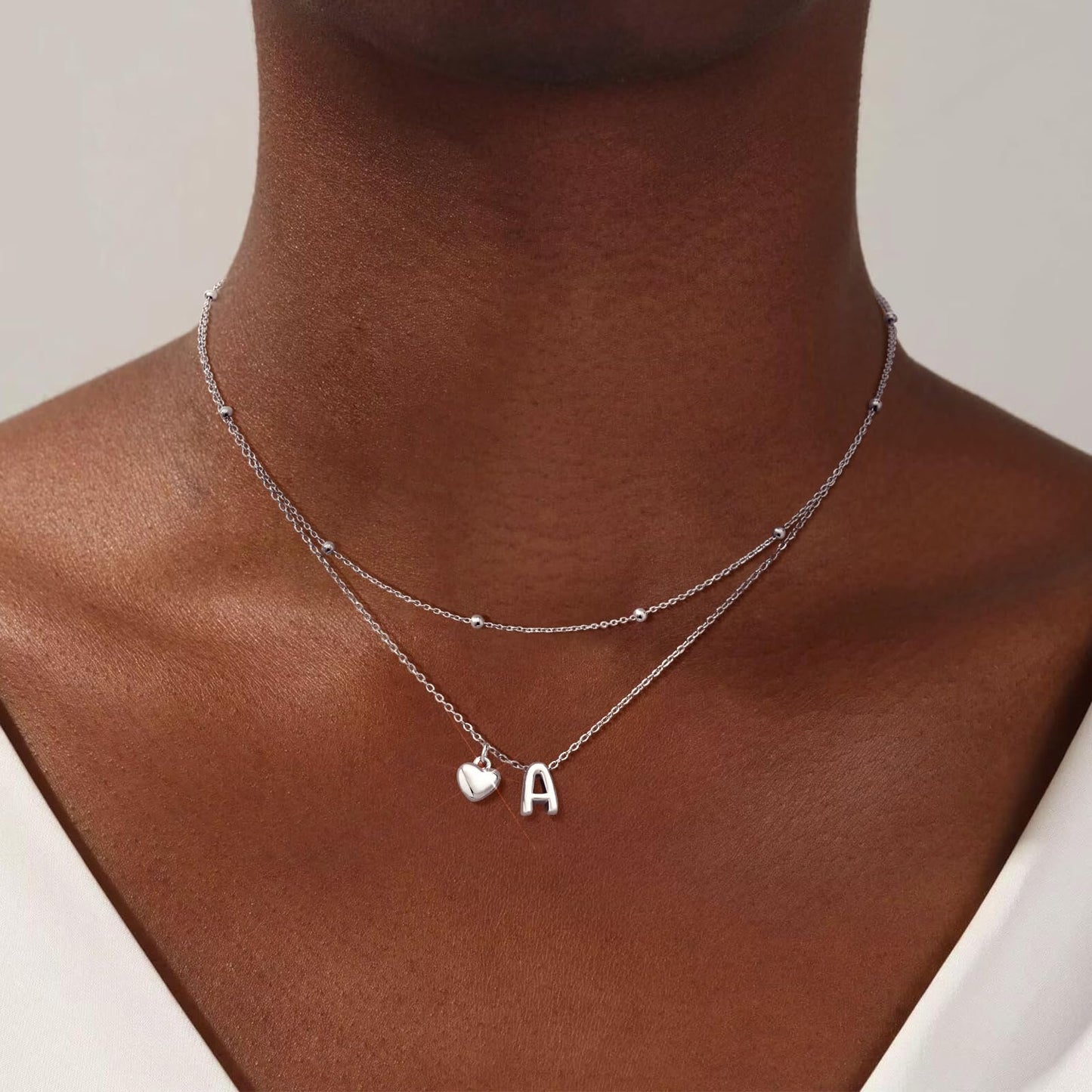 adoyi Silver Heart Initial Necklaces for Women 14k Gold Plated Layered bubble Letter Necklace Dainty Heart W Pendant Necklace Stack Birthday Valentines Gifts for Women Jewelry