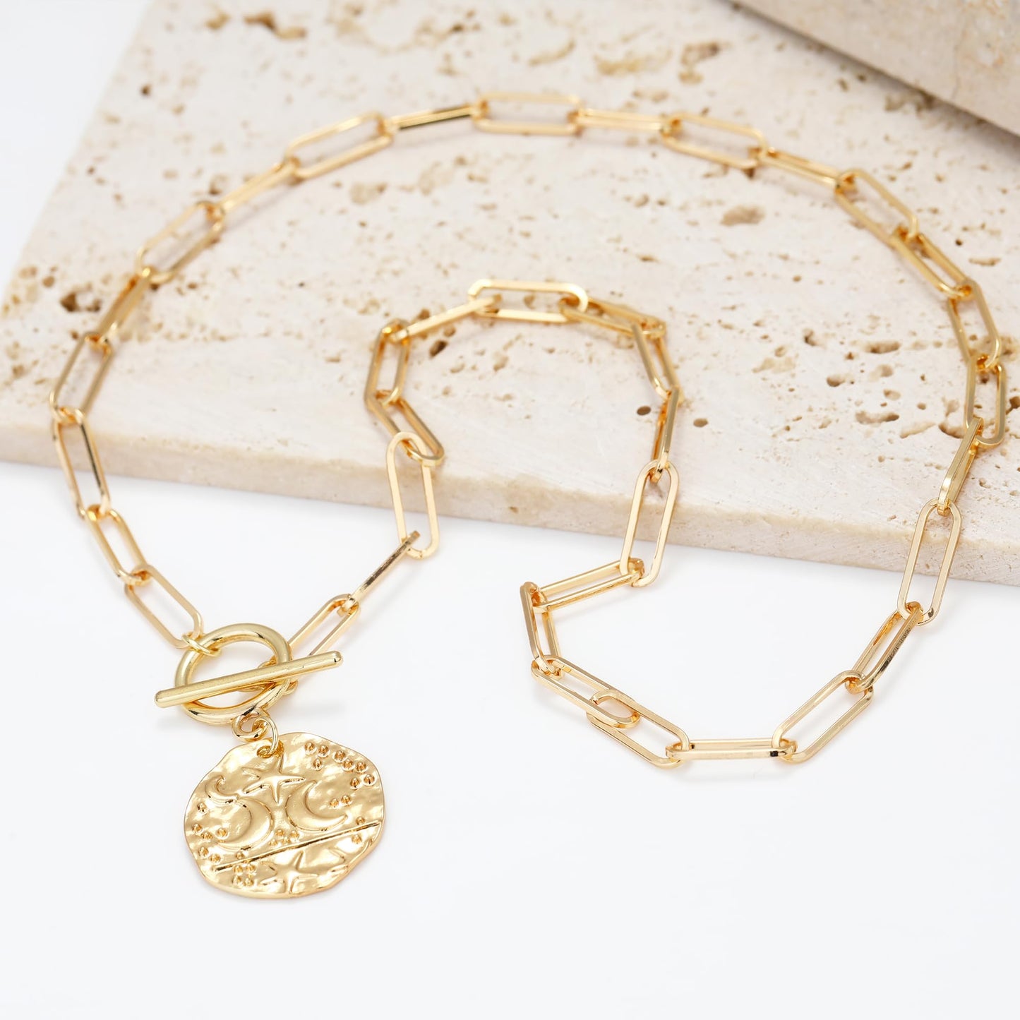 BONJOULRY Star Moon Coin Charm Toggle Necklace for Women 14K Gold Plated Vintage Retro Chunky Paperclip Link Chain Celestial Pendant Choker Necklaces Trendy Jewelry Holiday Gift