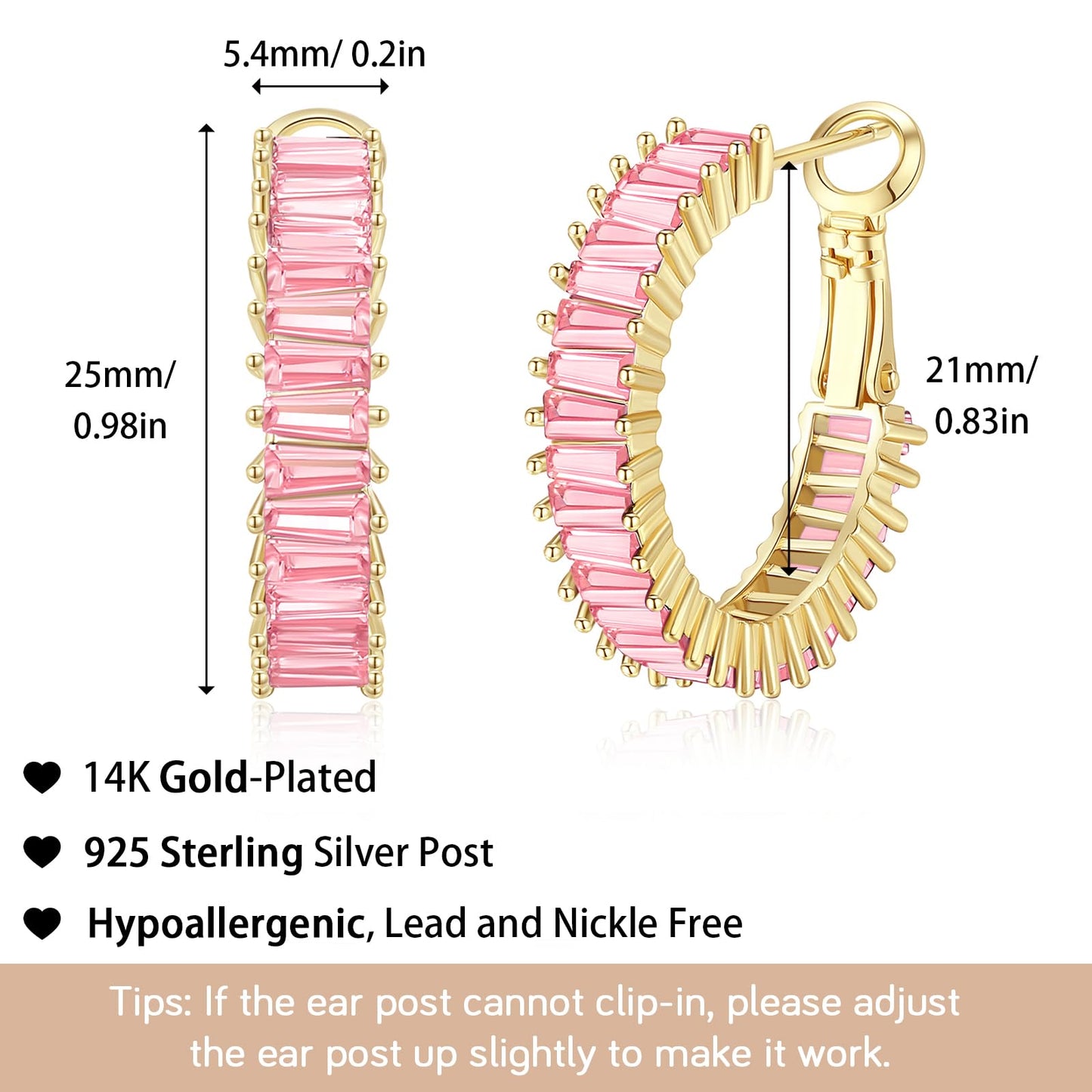 GLOQUAT Baby Pink CZ Hoop Earrings 14K Gold Plated Light Pink Hoops for Women 925 Sterling Silver Post Vintage Baguette Cubic Zirconia Earrings Trendy Gold Pink Round Circle Hoops Jewelry 25mm