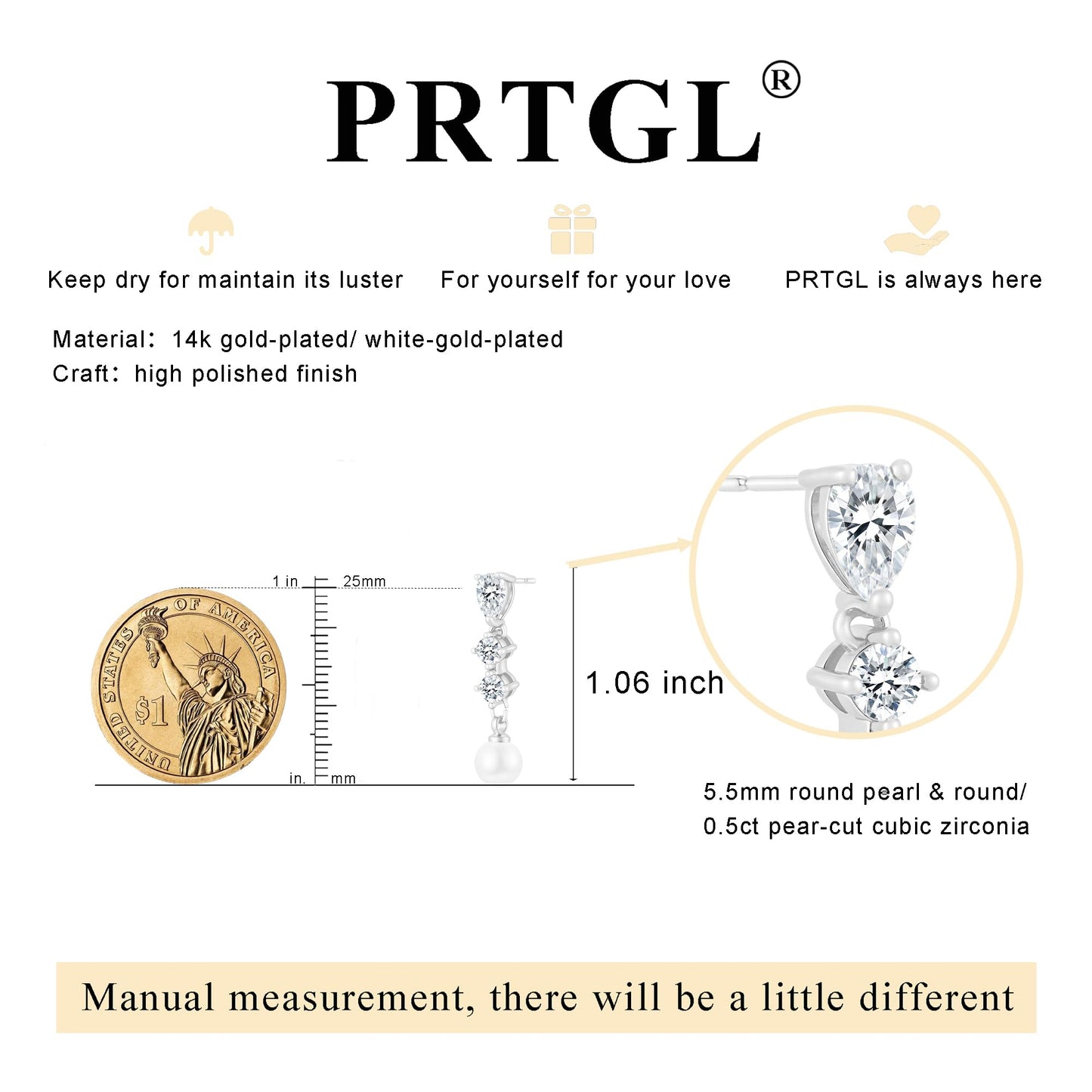 PRTGL Pearl Earrings - Silver White 14 Gold Plated Round and Teardrop Cut Cubic Zirconia Pearl Drop Dangle Earrings for Women Wedding Bridal