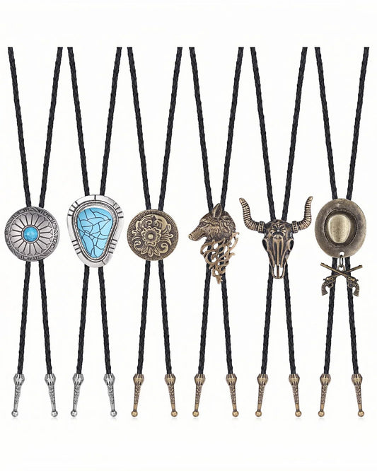 Subiceto 6Pcs Bolo Tie for Men Women Western Cowboy Natural Turquoise Tiger Eye Stone Handmade Shape Round Leather Necktie Vintage Native American Bola Tie Set Wolf