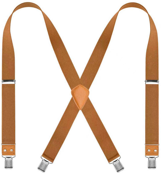 JRHEJTFZ Men's Suspenders 1.4" Wide Elastic X-Back Adjustable with 4 Metal Clips 43" Brown