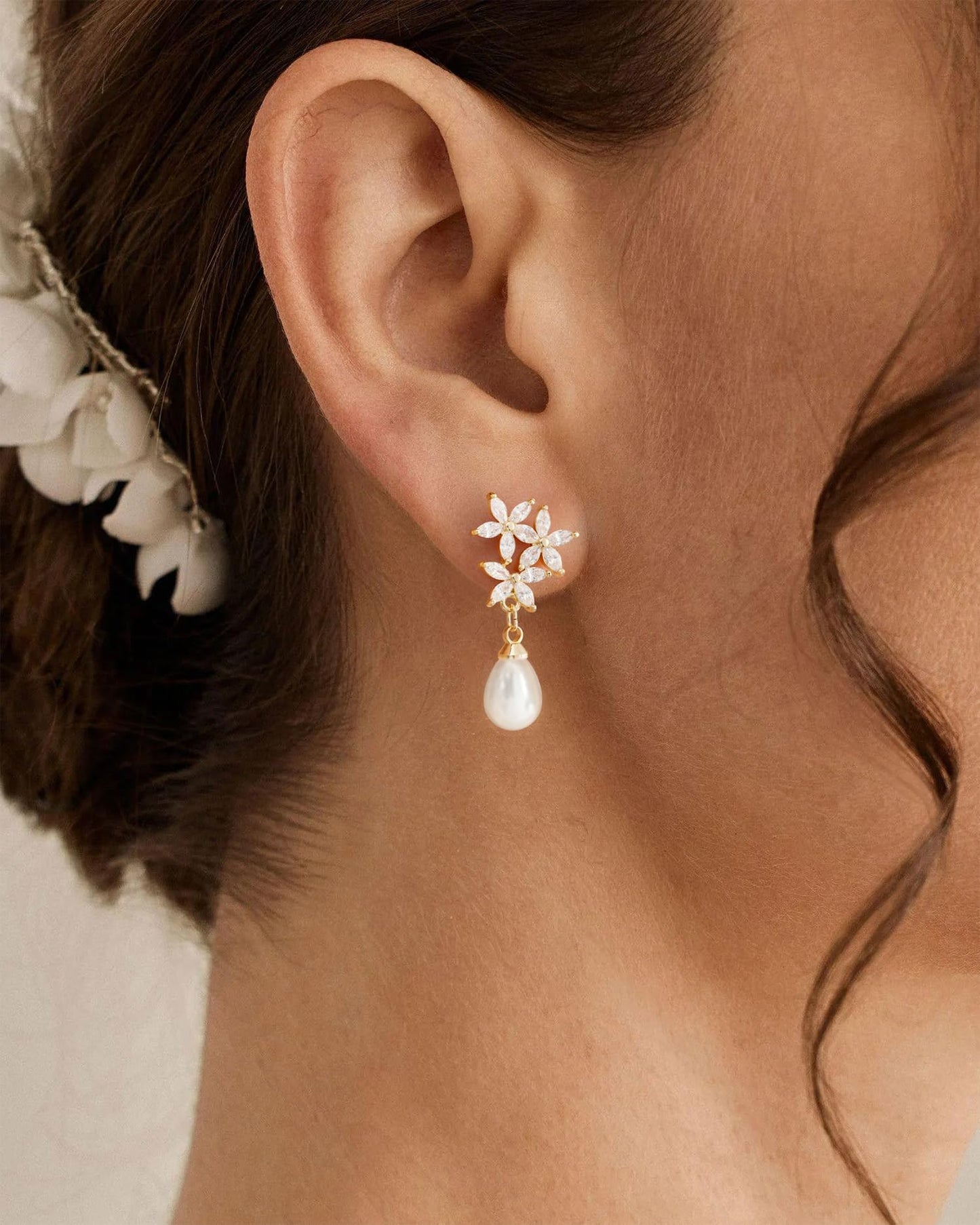 PRTGL Pearl Earrings - 14K Gold Plated Flower Cubic Ziconia Pearl Drop Wedding Earrings for Bridal Bridesmaid