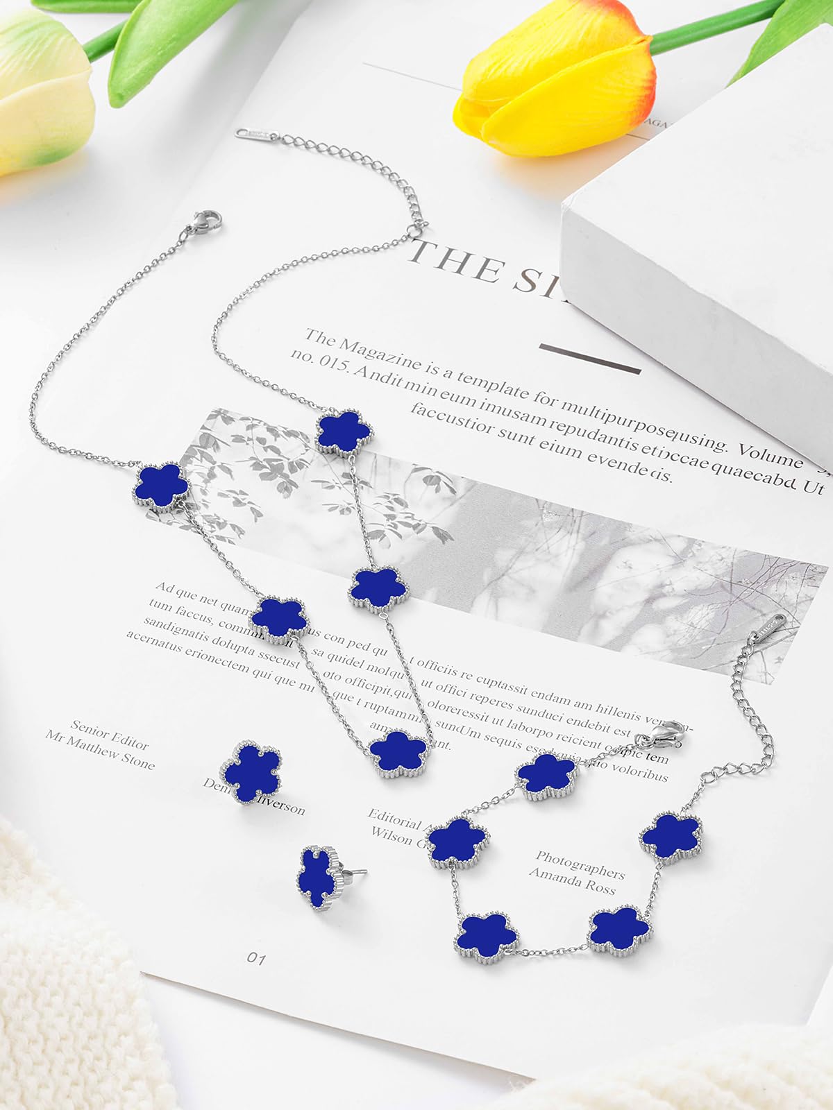 Qinpan Five Leaf Clover Necklace Bracelet and Stud Set for Women Lucky Flower Jewelry (Royal Blue-Stainless Steel)