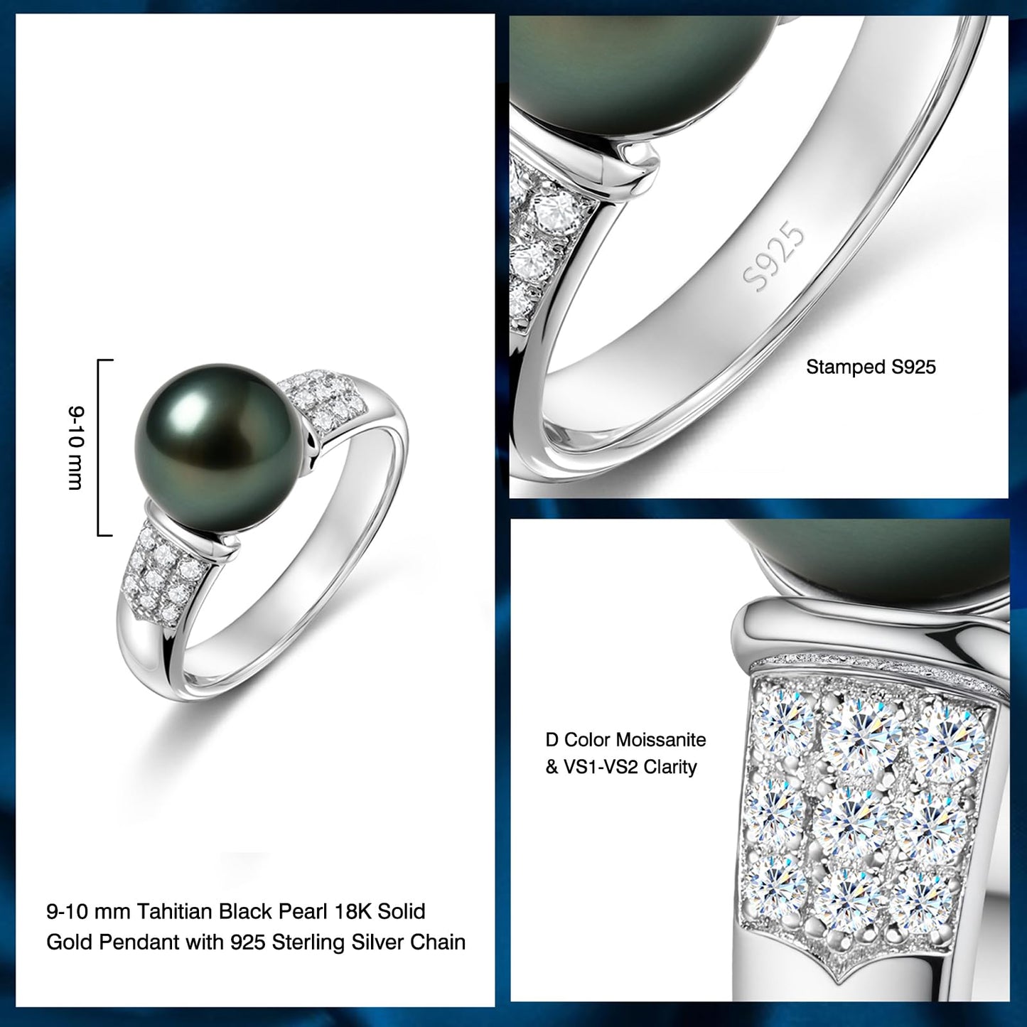 Genuine Tahitian Black Pearl Ring - AAAA 9-10mm Pearls with Sterling Silver Moissanite Engagement Stackable Rings, Christmas Gift for Wife Mom, Jewelry Gifts for Wedding Anniversary Birthday, Size 5
