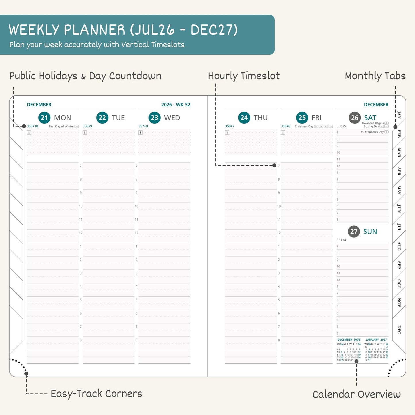 BEZEND Weekly Planner 2026-2027 (8.5" x 11") with Hourly Timeslots (Jul 26-Dec 27) 18 Months Academic Calendar & Monthly Tabs, Ideal for Students, Work & Home, PU Leather Hardcover -Blueberry