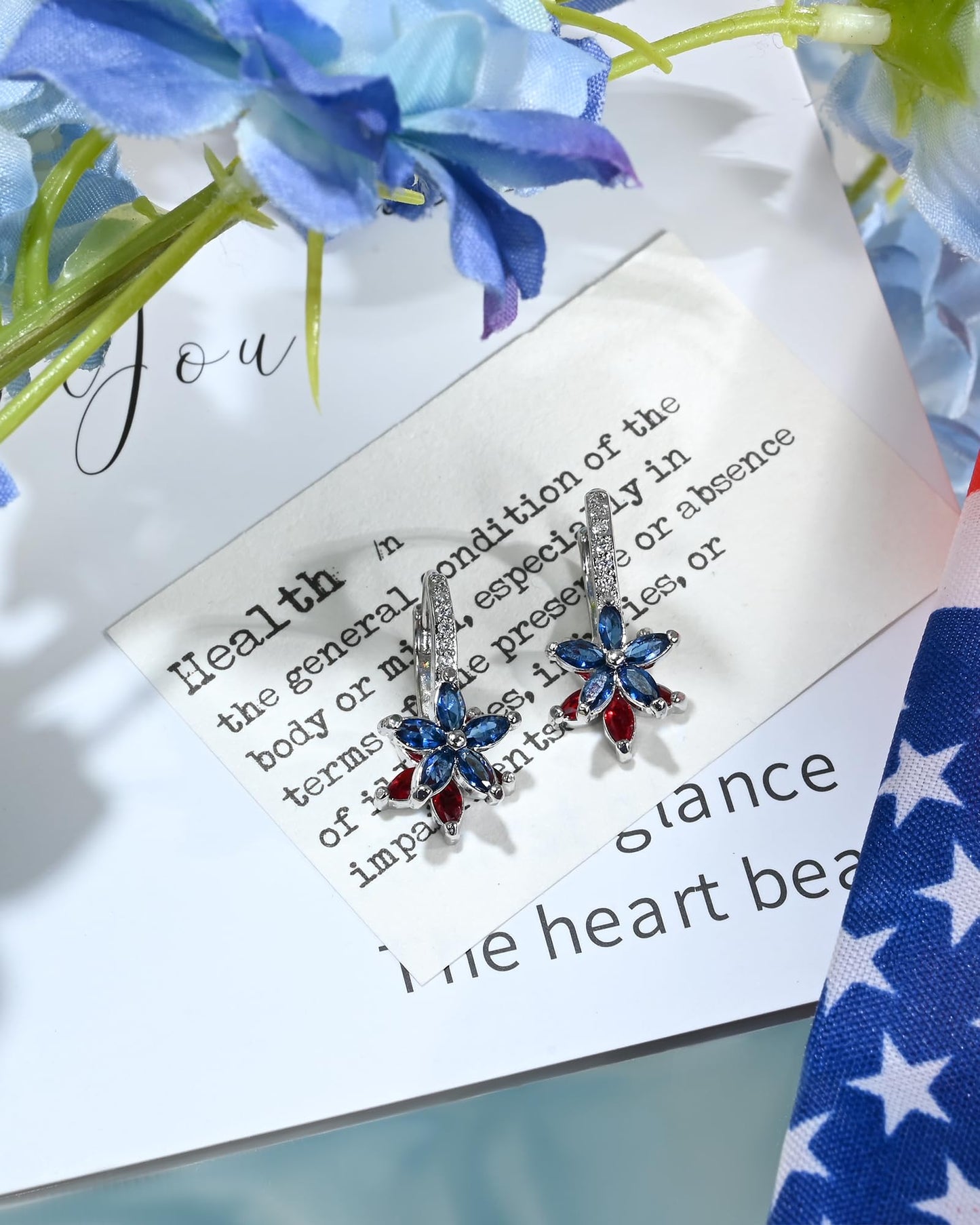 Watforsh 925 Sterling Silver Flower Earrings for Women Dangling Leverback Earrings with Red and Blue Crystal Double Floral