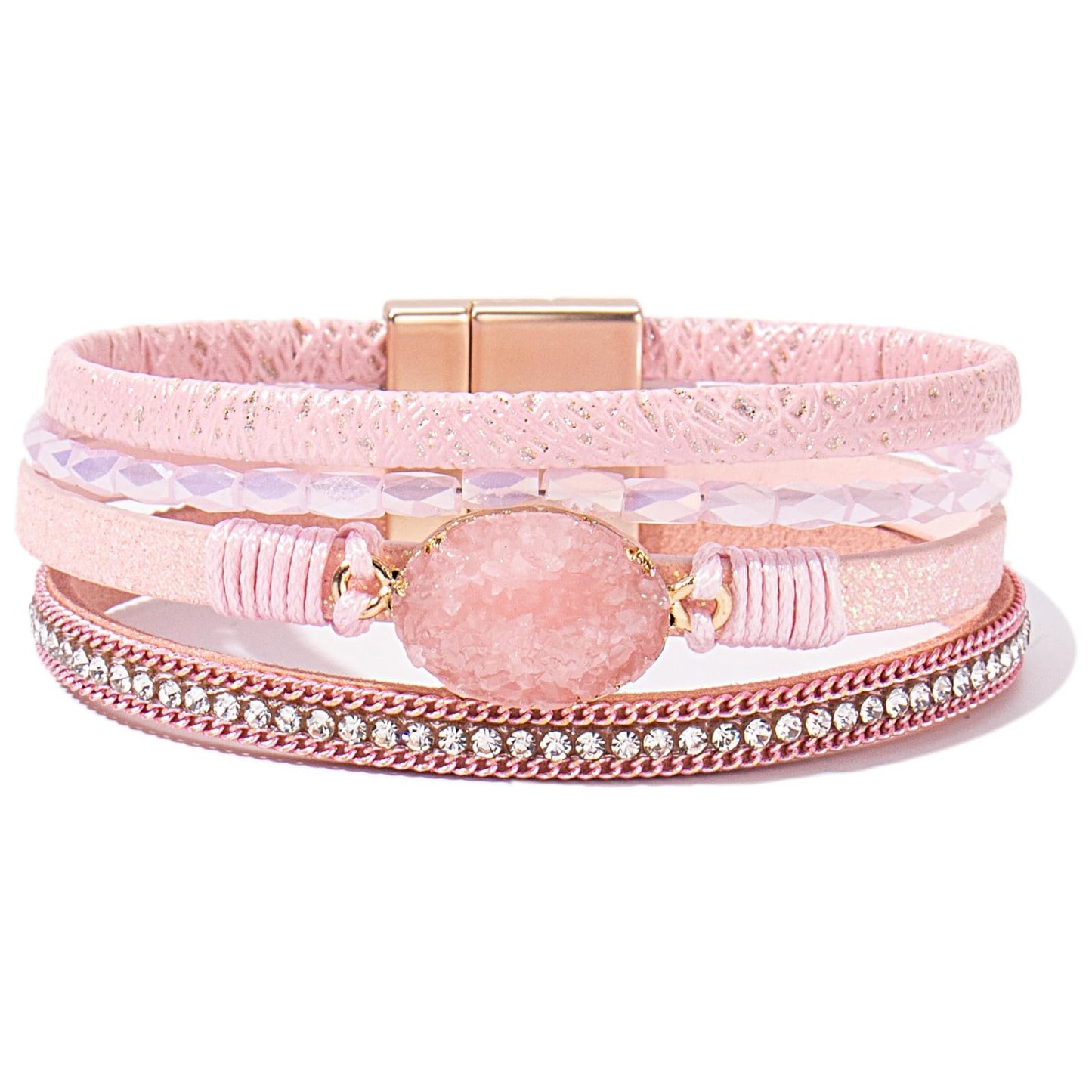 FANCY SHINY Boho Leather Wrap Bracelet Stackable Chunky Crystal Cuff Bracelets with Magnetic Clasp Cowboy Cowgirl Western Summer Beach Outfits Jewelry Gifts for Women (7.7", Pink)