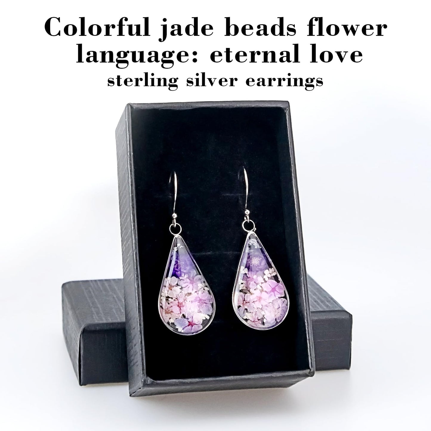925 Sterling Silver Pressed Flower Teardrop Earrings,Hypoallergenic Women's Jewelry Gift for Mom,Handmade natural dried flower teardrop earrings Jewelry Gift (Emerald Color)