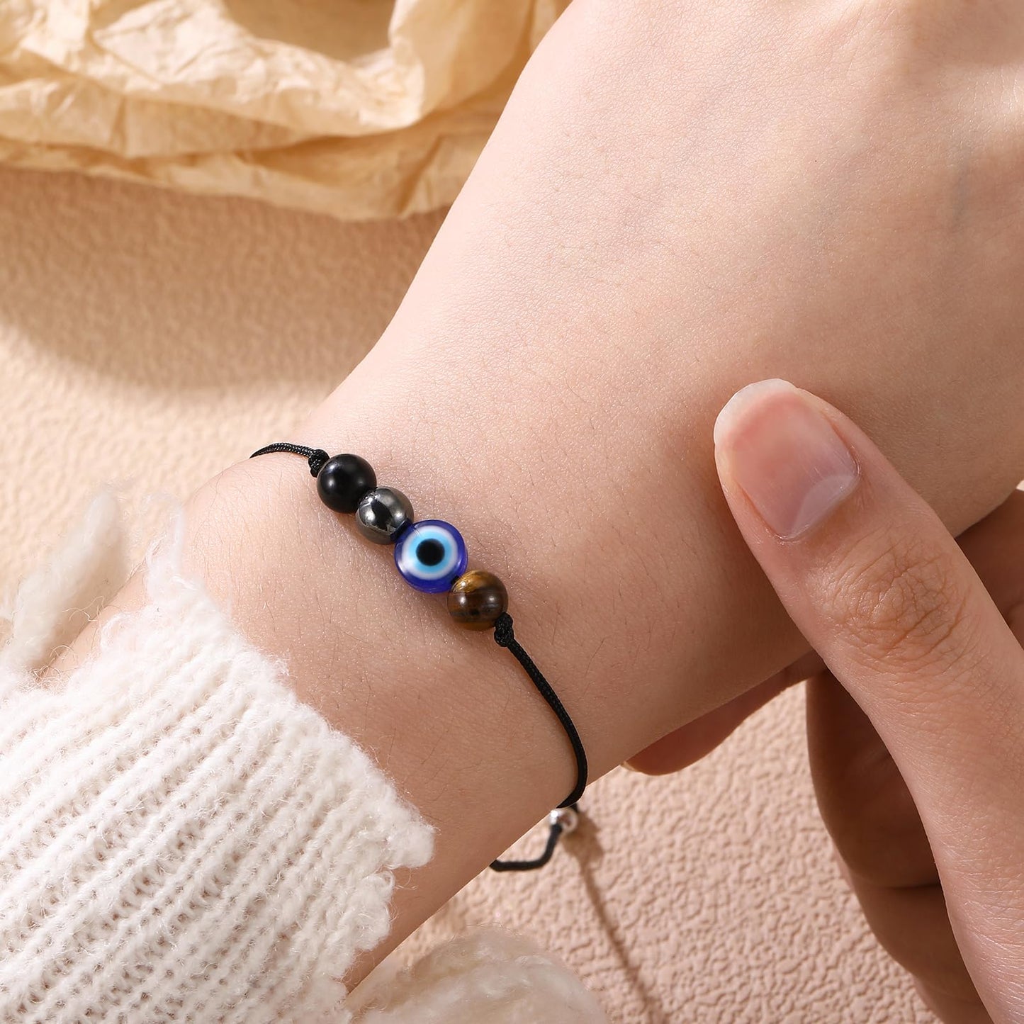 Korotho Evil Eye Bracelets for Women Men, Evil Eye Beads Chakra Bracelets Necklace Triple Protection Bracelet Good Luck Energy Stone Healing Crystal Black Hematite Gemstone Ankle Jewelry Gifts