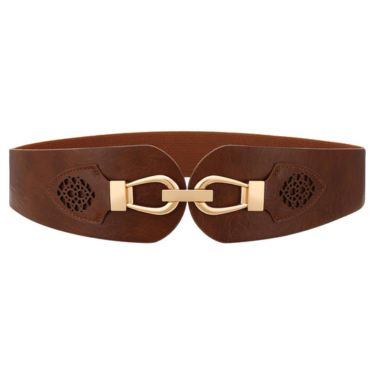 Womens Western Wide Waist Belt for Dress Vintage Stretchy Elastic Belt with Chunky Gold Buckle (Deep Brown)