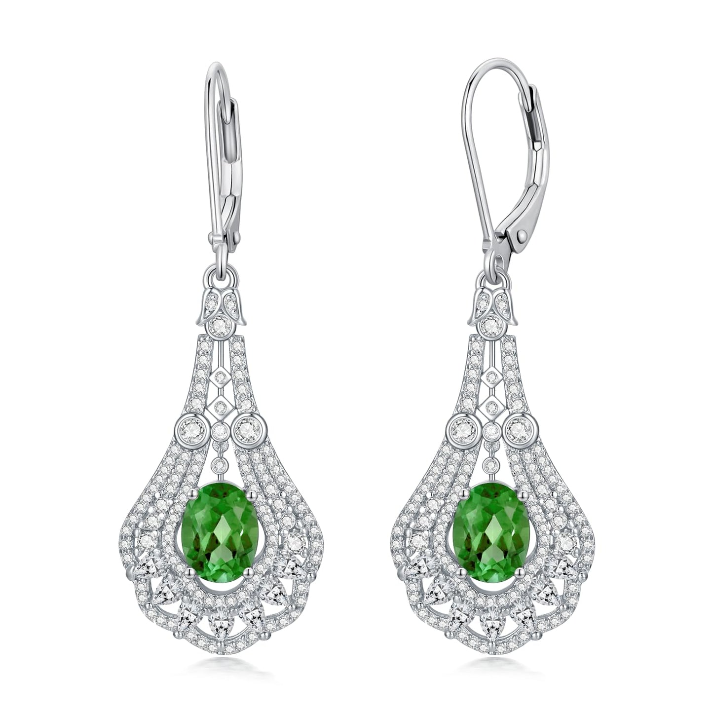 Lvoryance 1.5CT Created Emerald Earrings 925 Sterling Silver 6mm * 8mm Oval Cut May Birthstone Drop Earrings for Women