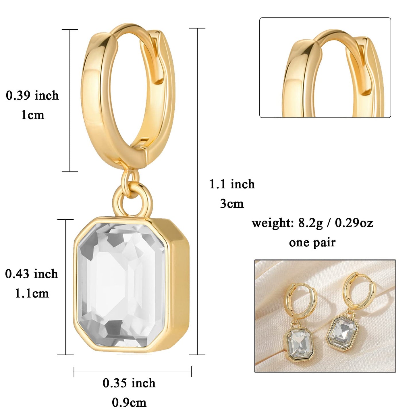 Birthstone Crystal Dangle Drop Earrings, 18K Gold Plated Huggie Hoop Hypoallergenic Earring Jewelry Gifts for Women (White)