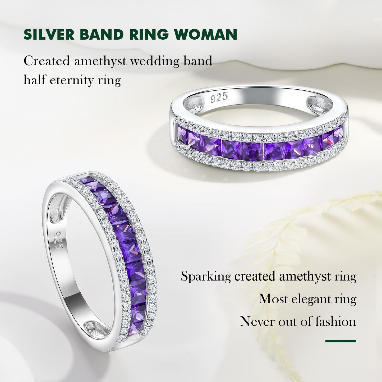 RANDES Amethyst Ring Eternity Band 925 Sterling Silver Channel Set Purple Stone Rings for Women February Birthstone Ring Size 8