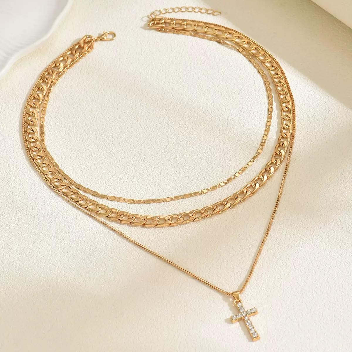 JELLYSEE Gold Necklaces for Women - 14K Gold Plated Layering Necklaces Trendy Circle Paperclip Chain Pendant Choker Necklace, Simple Diamond Cross Bow Jewelry Set Gifts for Women