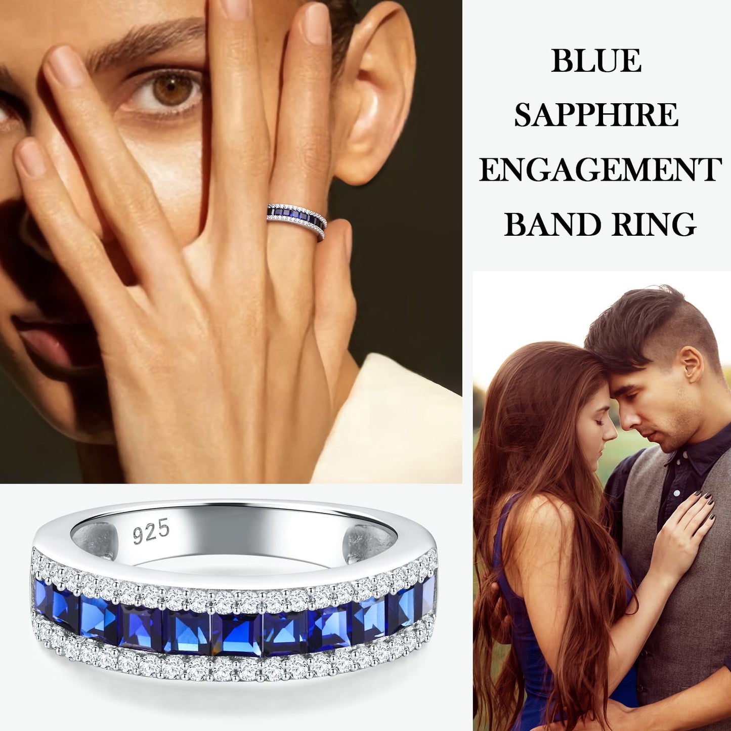 RANDES Women's Band Rings Blue Sapphire Ring 925 Sterling Silver Channel Set Eternity Rings for Women Men Size 8.5