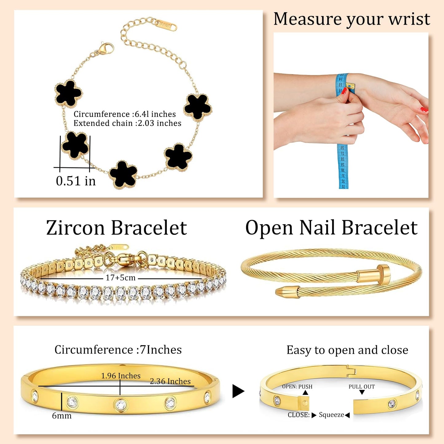 MEIERYA 18K Gold Plated Womens Stackable Floral Bracelets Set,Twisted Cable Bangle,Trendy Jewelry,Waterproof adjustable bracelet,Christmas Birthday Gifts for Girlfriend or Mother. (02-Color-black)