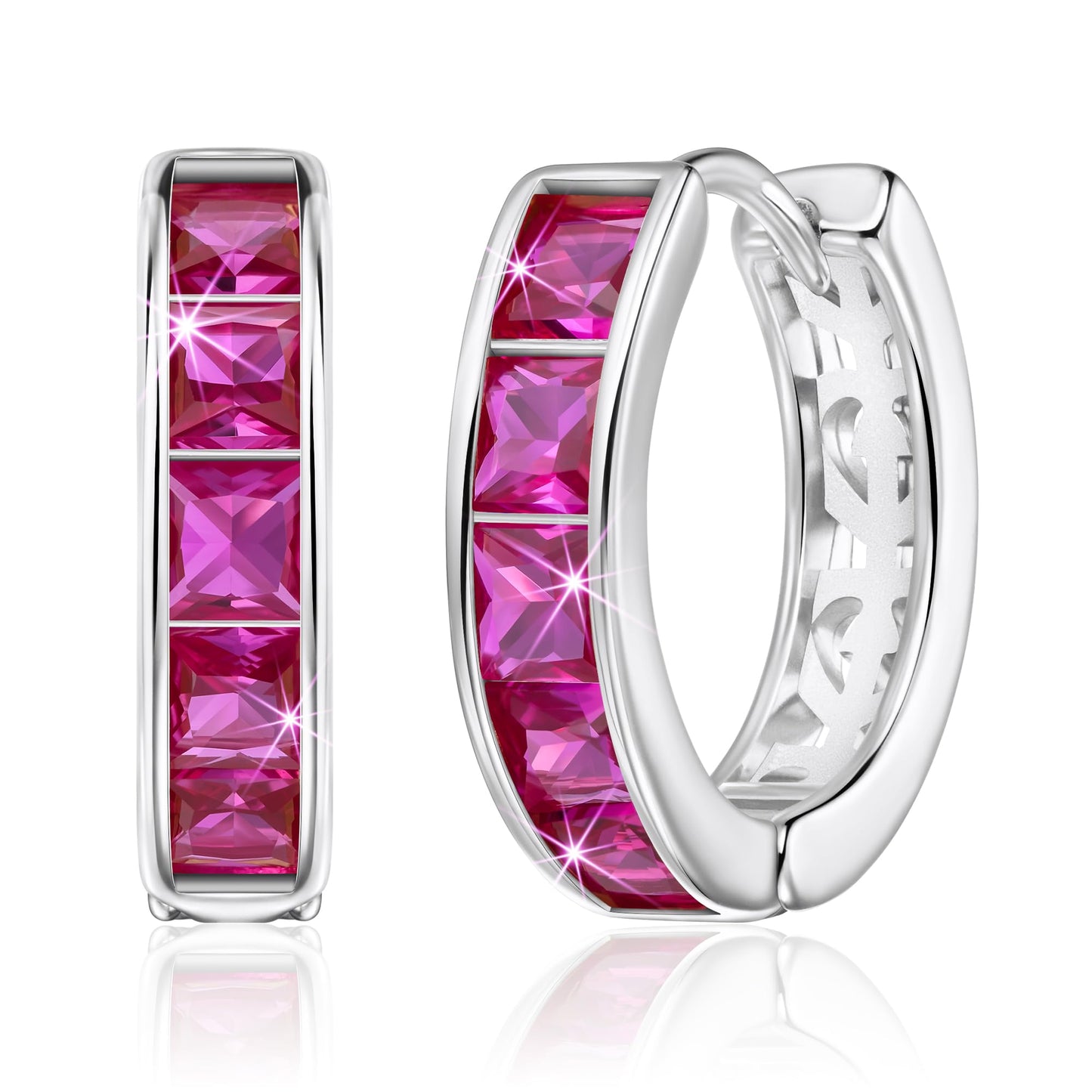 Linawe Silver Hoop Earrings for Women Trendy, Cartilage Stud Huggie Earrings, Hot Pink Cubic Zirconia Tragus Piercing Jewelry, Small Imitation Diamond Rhinestone Crystal Hoops