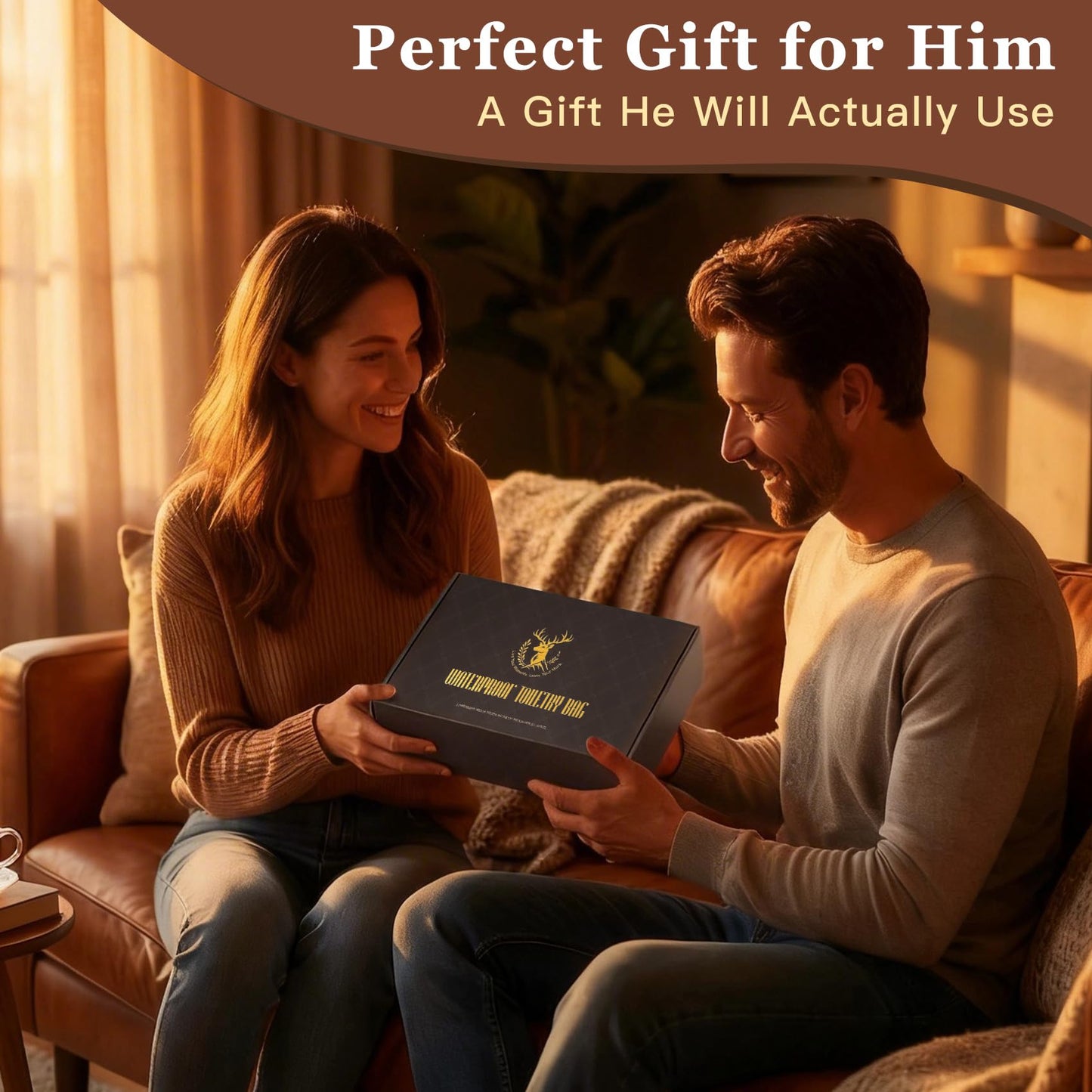 Aganmi Personalized Gifts Travel Toiletry Bag for Men Him, Laser-Engraved Initial Waterproof PU Leather Shaving Bag Fathers Day Birthday Gift for Men Dad Husband Boyfriend Son Reddish Brown M
