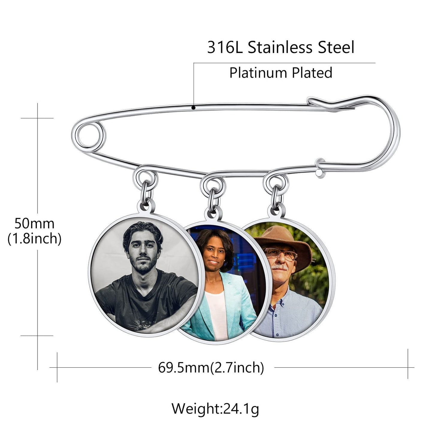Custom4U Memory Charms for Wedding Bouquet Customized with 3 Pictures Custom Photo Brooch Pins Funeral Boutonniere Round Shaped Charm Memorial Jewelry