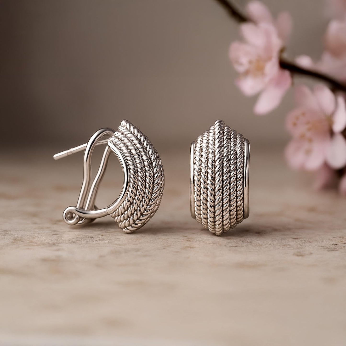 LeCalla 925 Sterling Silver Omega Back Earrings | Antique Crossover Textured Curve Statement Omega Back Clip-On Large Stud Earrings for Women 17MM
