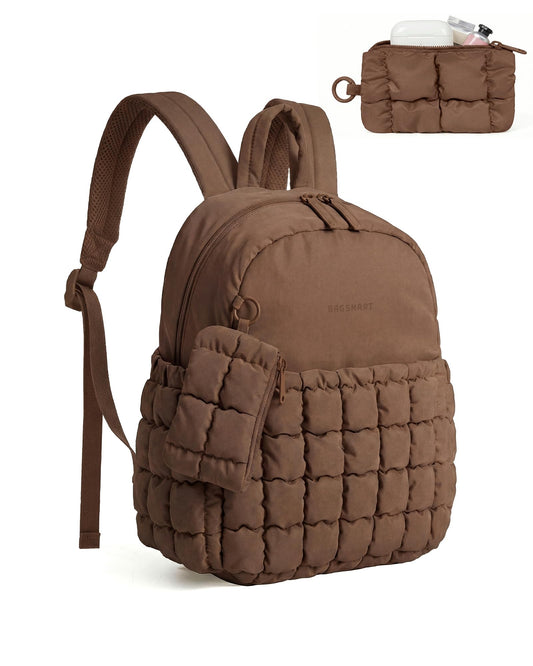 BAGSMART Mini Backpacks for Women, Puffy Checkered Quilted Small Backpack with Pouch, Lightweight Daypack Purse, Water-Resistant Bookbag for Daily Travel College, 2-in-1 Set, Coffee Brown