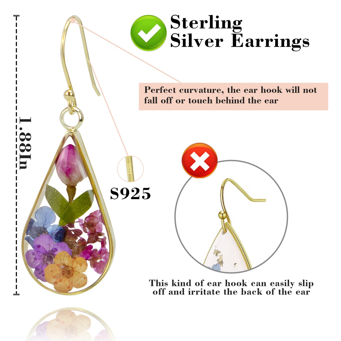 925 Sterling Silver Pressed Flower Teardrop Earrings,Hypoallergenic Women's Jewelry Gift for Mom,Handmade natural dried flower teardrop earrings Jewelry Gift (shenlan-yingse)