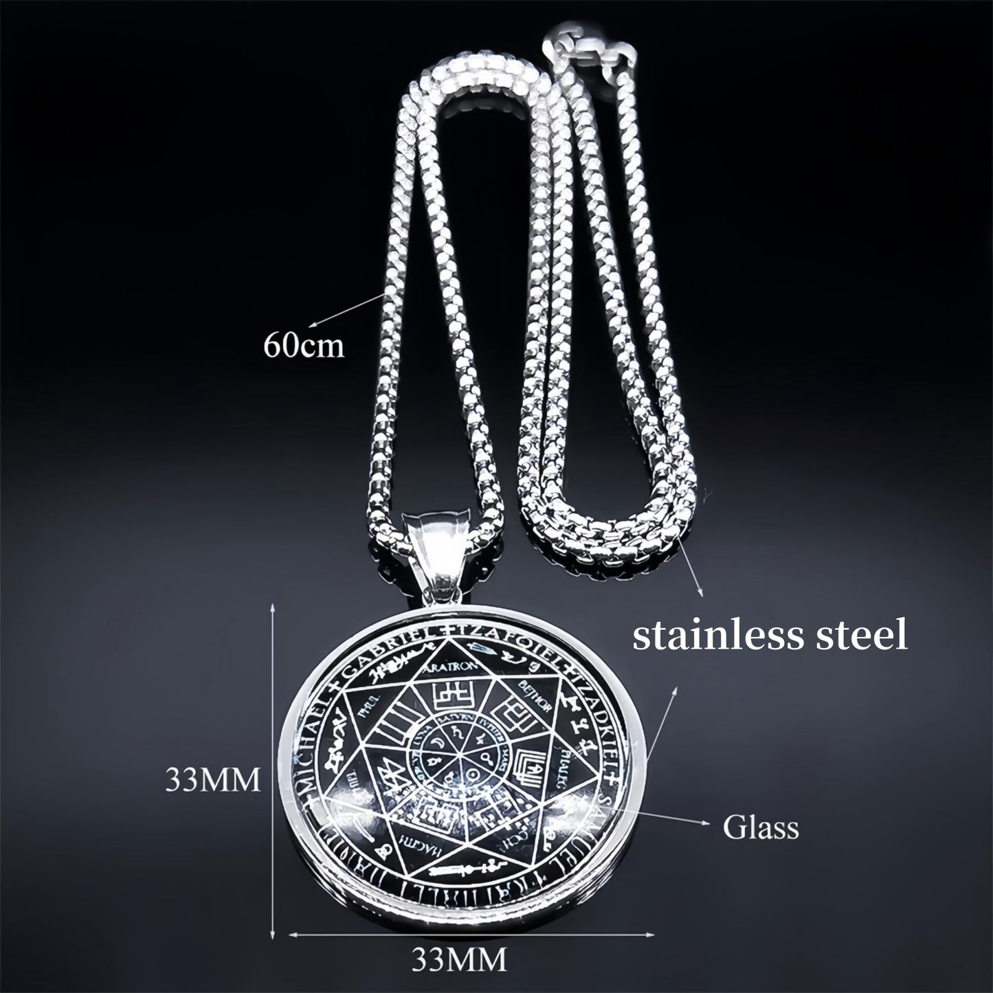 Seven Angel Medal Pendant Stainless Steel Glass Solomon Talisman Necklace Guardian Jewelry Men and Women 24 inch Gift Set (silvery)