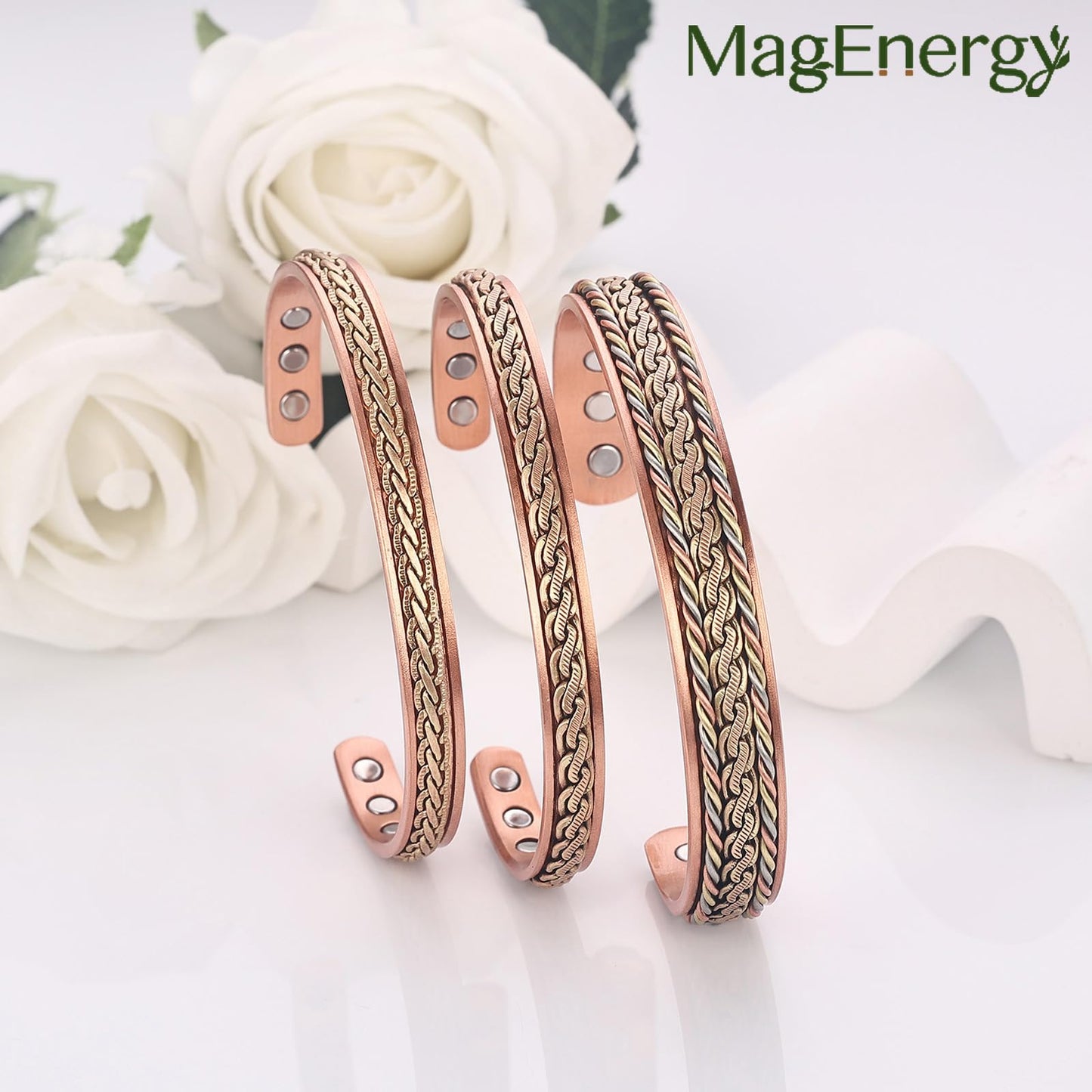 MagEnergy Handcrafted Copper Bracelets for Women, Magnetic Copper Cuff Bracelet with Triple Color Twisted Wire, Adjustable Bangle & Healthy Jewelry Gift