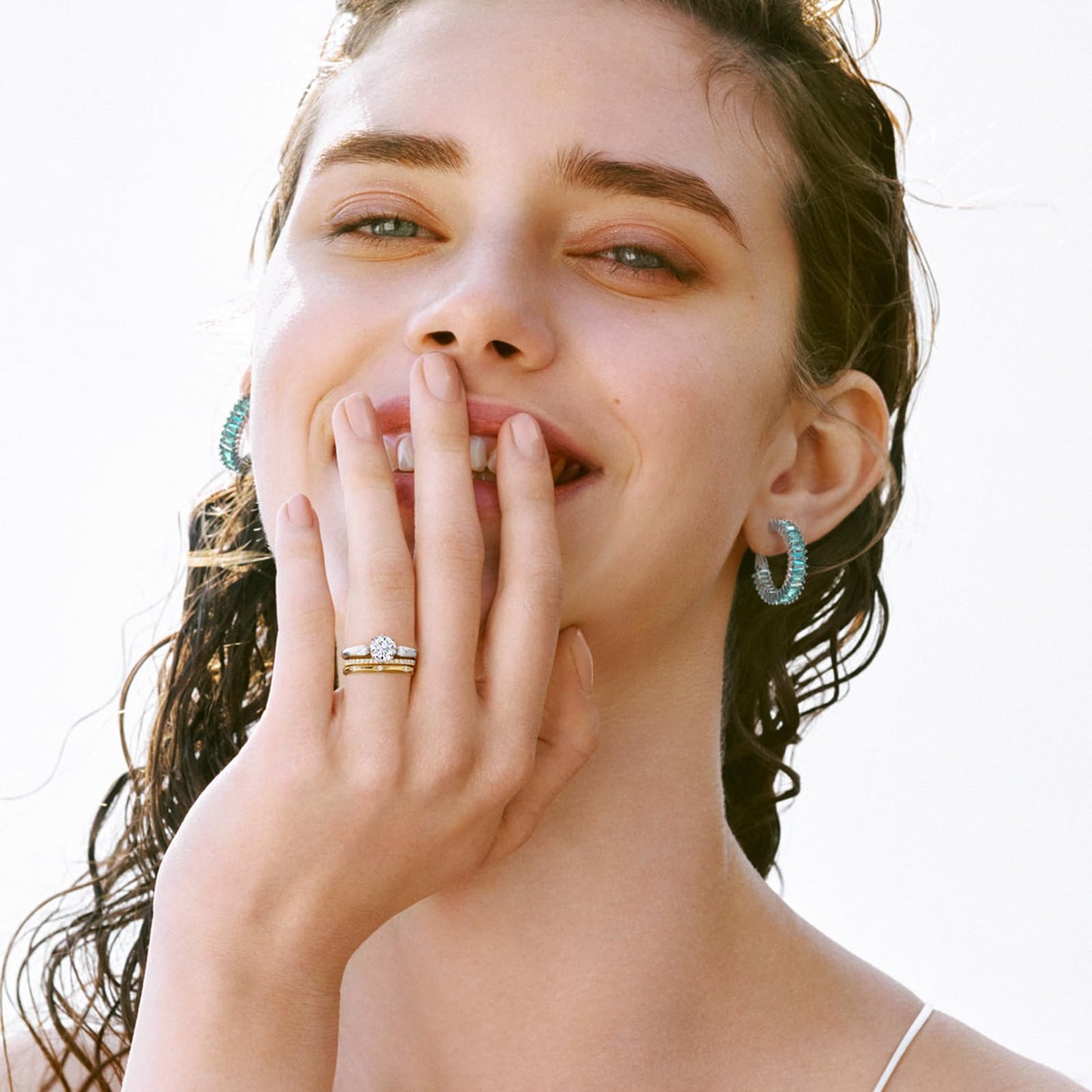 GLOQUAT Gold Lake Blue Hoop Earrings Silver Plated Teal Aqua Blue Earring for Women Vintage Baguette Cubic Zirconia Earring Fashion Round Circle Rhinestone Hoops for Women 925 Silver Post Jewelry 25mm