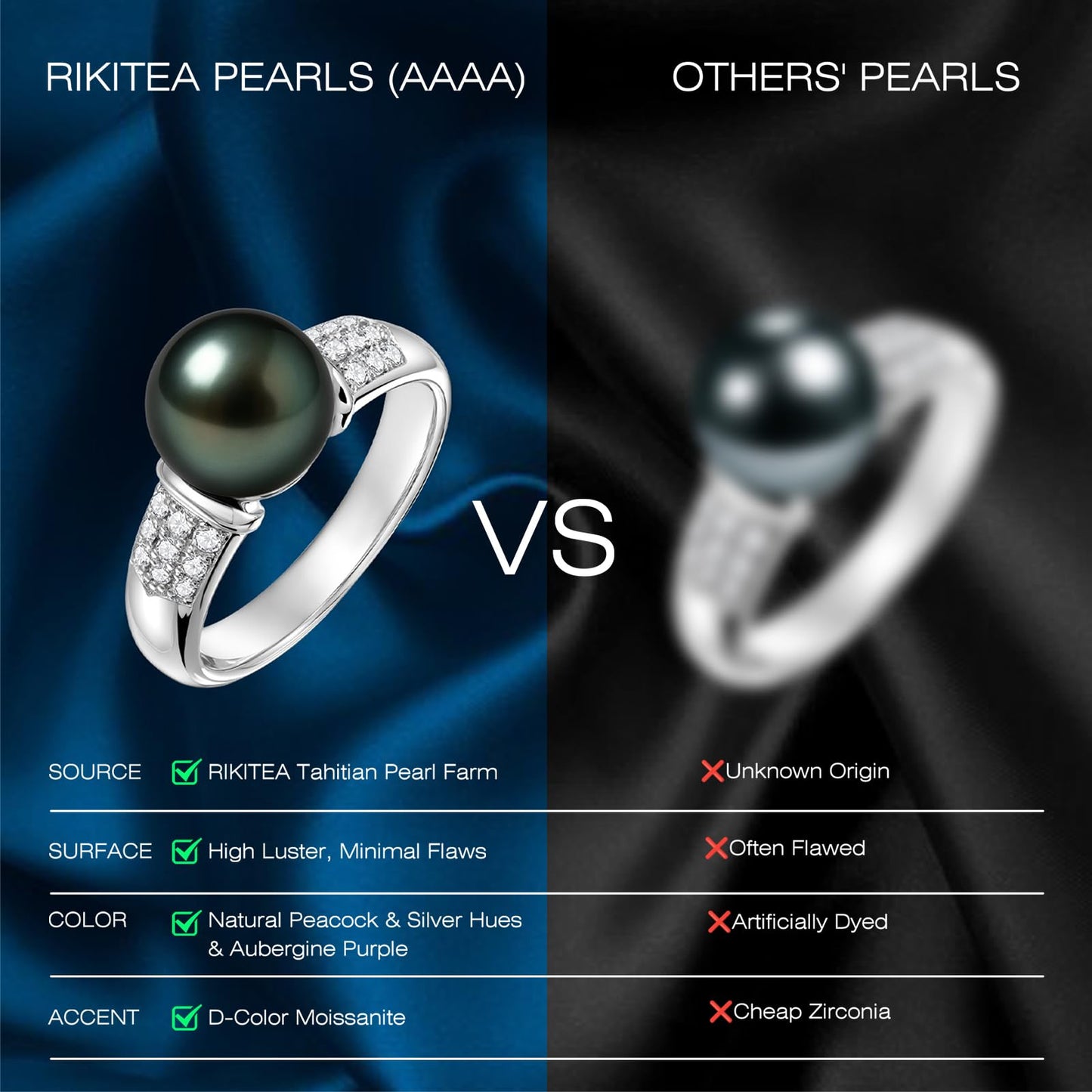 Genuine Tahitian Black Pearl Ring - AAAA 9-10mm Pearls with Sterling Silver Moissanite Engagement Stackable Rings, Christmas Gift for Wife Mom, Jewelry Gifts for Wedding Anniversary Birthday, Size 5
