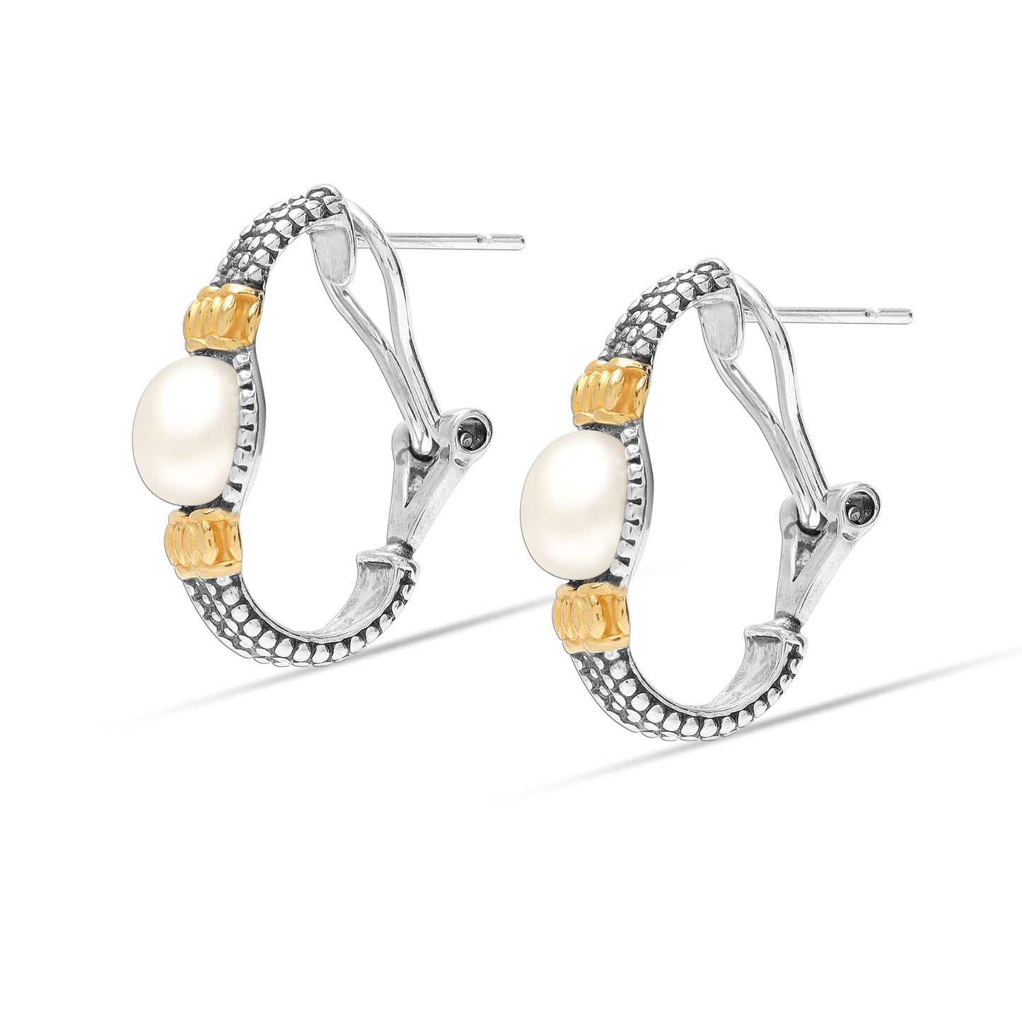 LeCalla 925 Sterling Silver Omega Back Earrings Two-Tone Caviar Beaded Freshwater Pearl Clip-On Omega Back Large Stud Earring for Women - 25MM