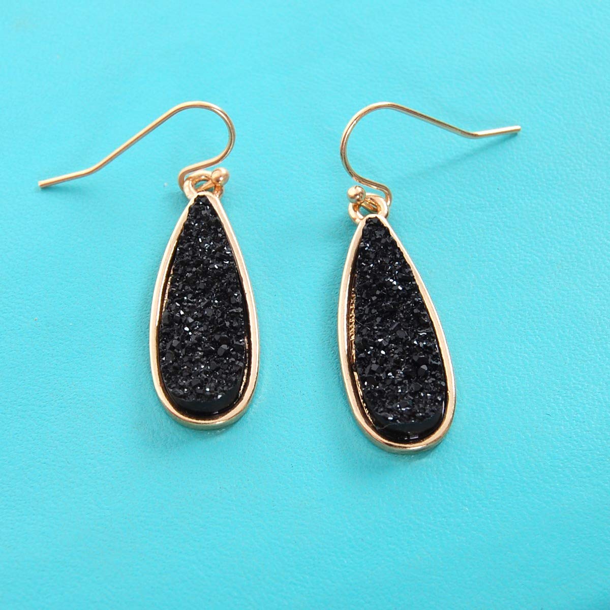 Simulated Druzy Drop Dangles - Sparkly Long Teardrop Dangly Earrings for Women, Gold Tone - Black Stone