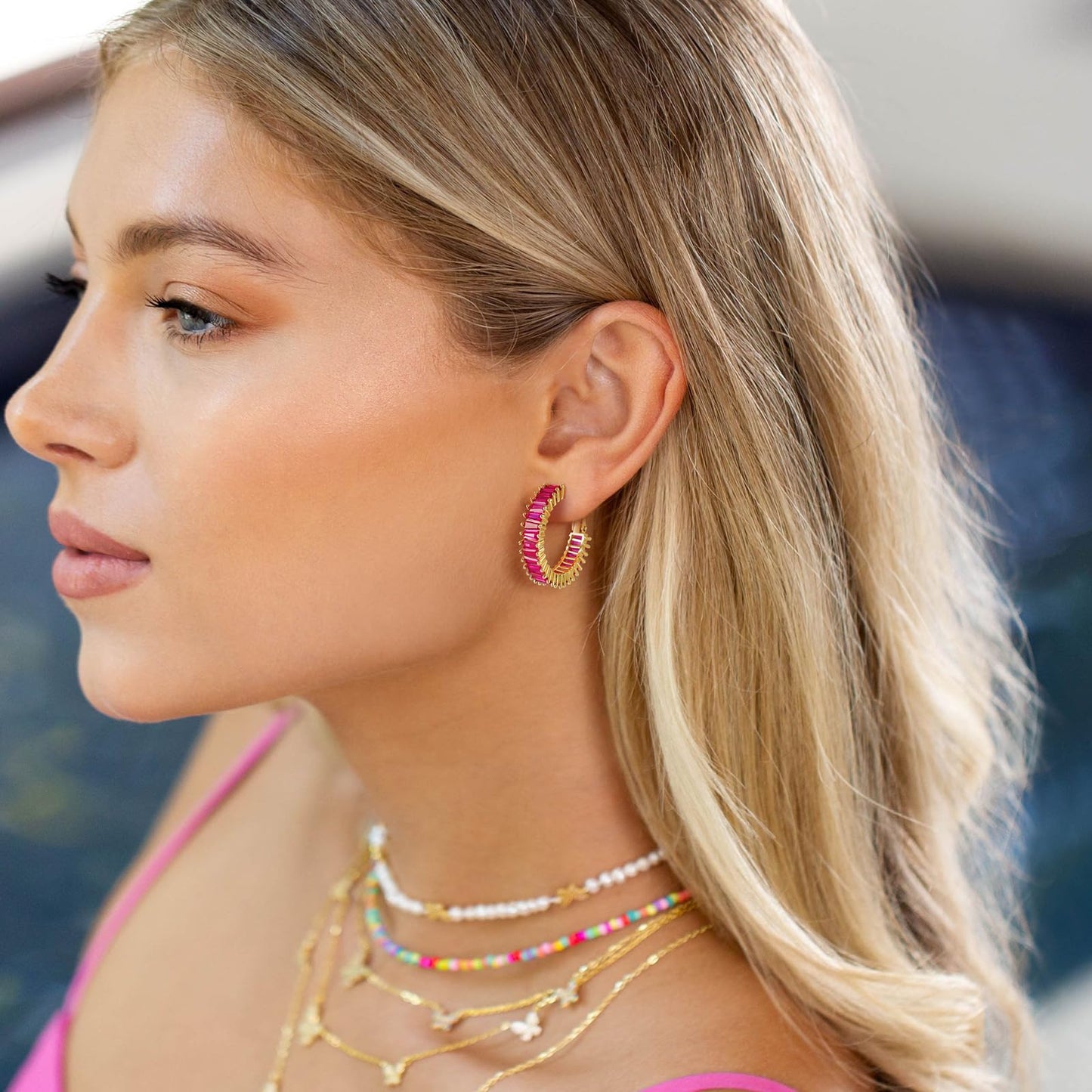 GLOQUAT Gold Pink Earrings Fuchsia Hoops for Women 14K Gold Plated Hot Pink Hoops Fuchsia Cubic Zirconia Baguette Hoop Earrings Fashion Hot Pink Crystal Earring for Women Neon Pink Rhinestone Jewelry