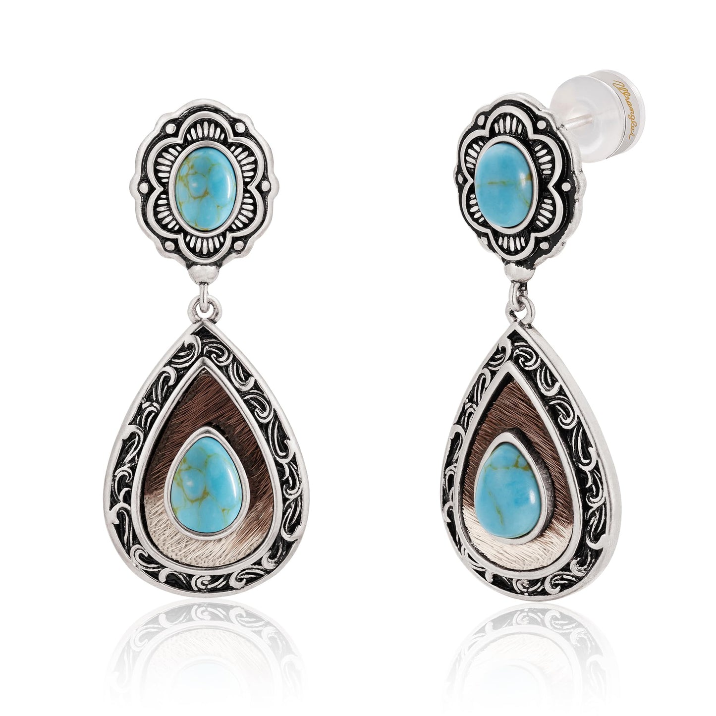 Wrangler Western TearDrop Dangle Earrings for Women Country Statement Genuine Horsehair Turquoise Vintage Cowgirl Cowboy Jewelry (Silver-Turquoise) WGE-2028S-TQ