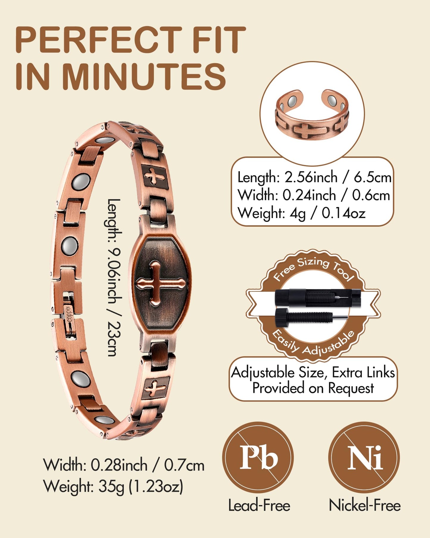 Feraco Pure Copper Bracelets & Rings for Women, Ultra Strength Magnetic Bracelet with 3500 Gauss Magnets, Adjustable with Sizing Tool, Cross Jewelry