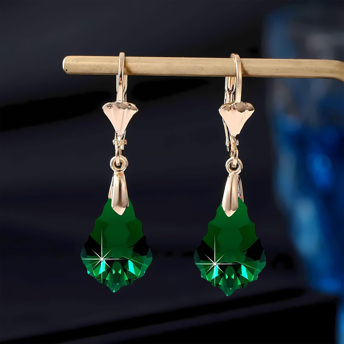 Austrian Crystal Baroque Drop Leverback Earrings for Women Fashion 14K Gold Plated Hypoallergenic Jewelry (Emerald)
