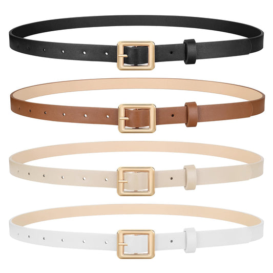 JASGOOD 4 Pack Women Skinny Belts for Jeans Ladies Thin Waist Belt for Dress Gold Buckle 0.7inch Width