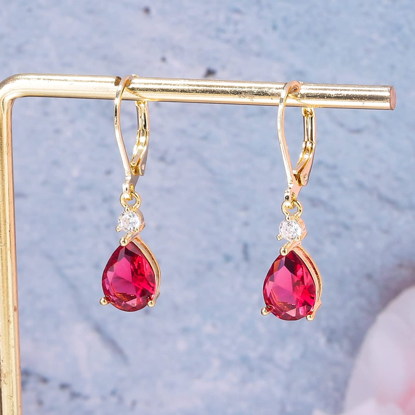 CiNily Leverback Dangle Earrings for Women 14K Gold Plated Drop Earrings Red Cubic Zircon Fashion Teardrop Hoop Earrings Hypoallergenic Mothers Day Jewelry for Her