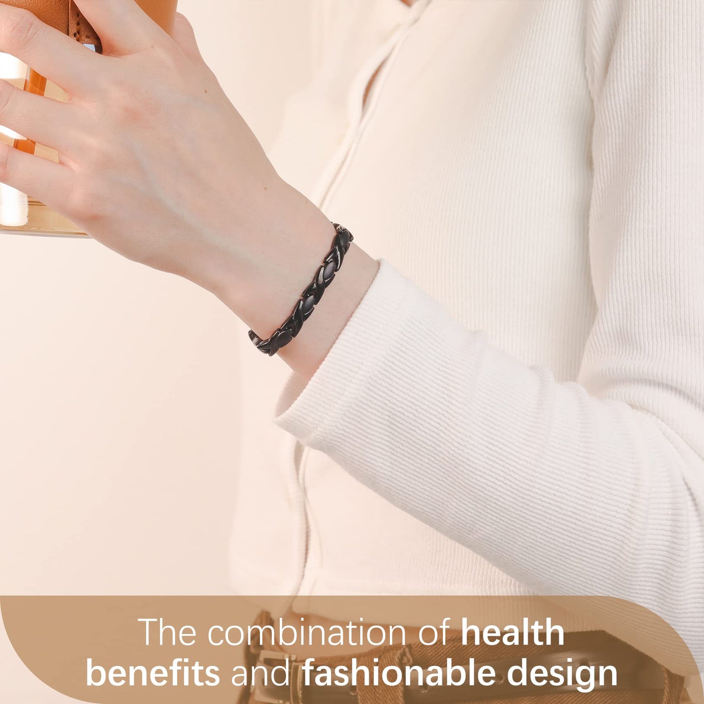 Feraco Magnetic Bracelet for Women Titanium Steel Magnetic Therapy Bracelet with Neodymium Magnets, Unique X Shape Links (Black)