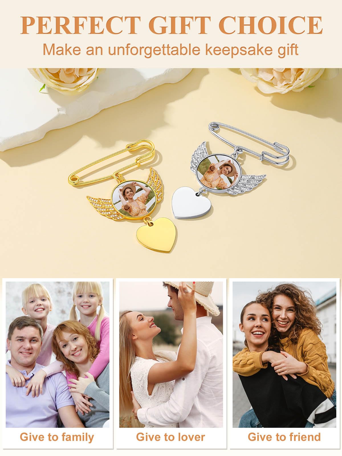 Custom4U Angel Wings Customizable Photo Pins with Name Engraving, Wedding Bouquet Brooch for Bride Groom Mother Father