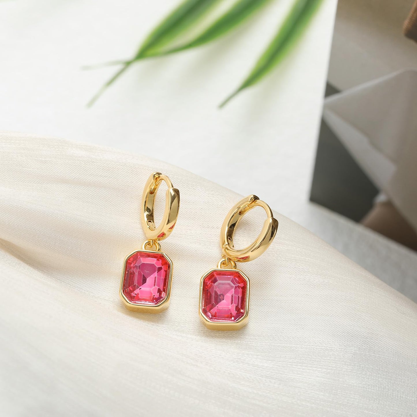 Birthstone Crystal Dangle Drop Earrings, 18K Gold Plated Huggie Hoop Hypoallergenic Earring Jewelry Gifts for Women (Hot Pink)