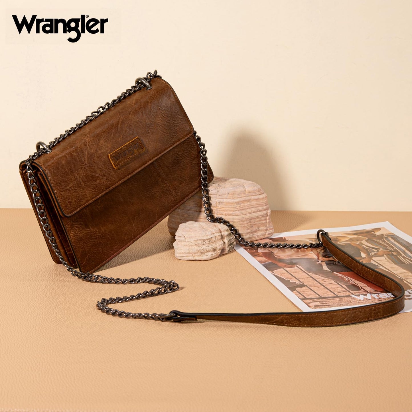 Wrangler Flap CrossBody Purse for Women Western Small Clutch Wallet Trendy Shoulder Bag with Chain Strap Gift Brown WG306-236BR