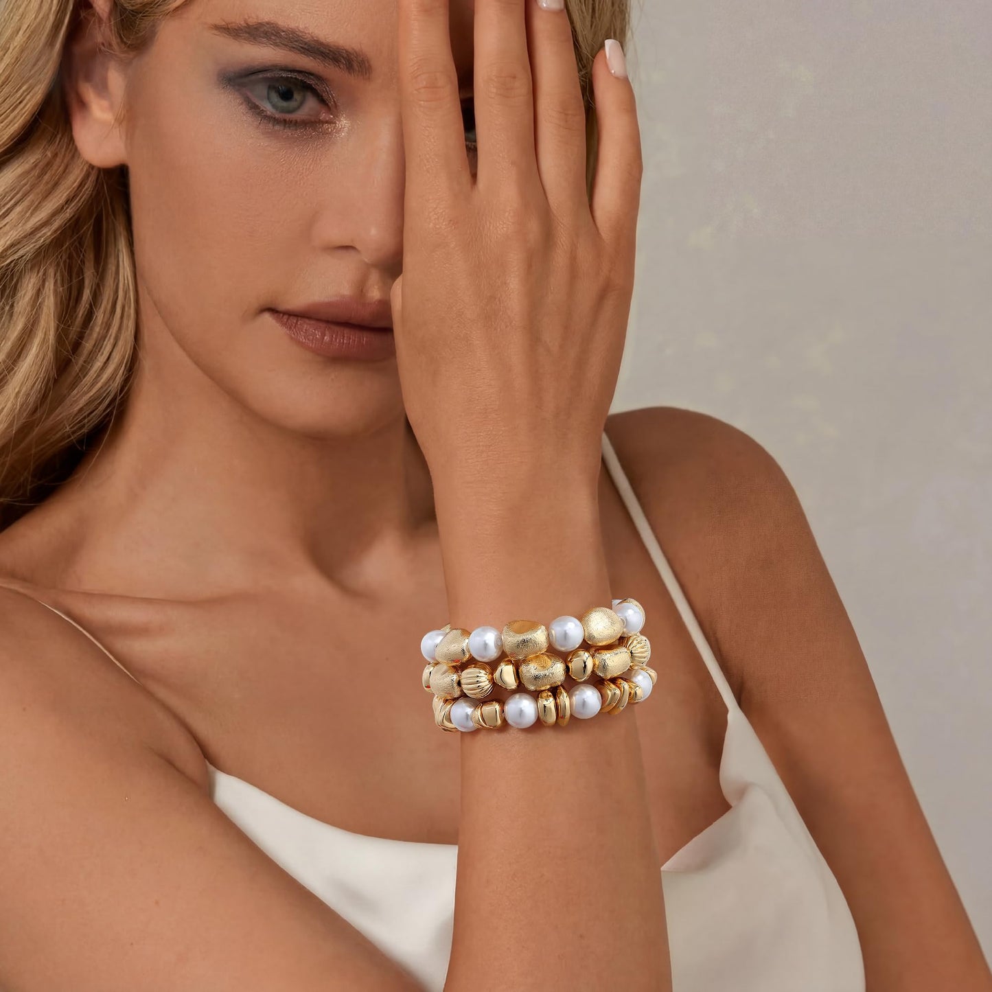 Sajidos Gold Plated Beaded Bracelets for Women Trendy, 14K Gold Plated Stack Cross Pearl Gold Plated Bead Stretch Bracelets Set Elastic Hypoallergenic Bracelets Jewelry Gifts (style13-pearl 3pcs)