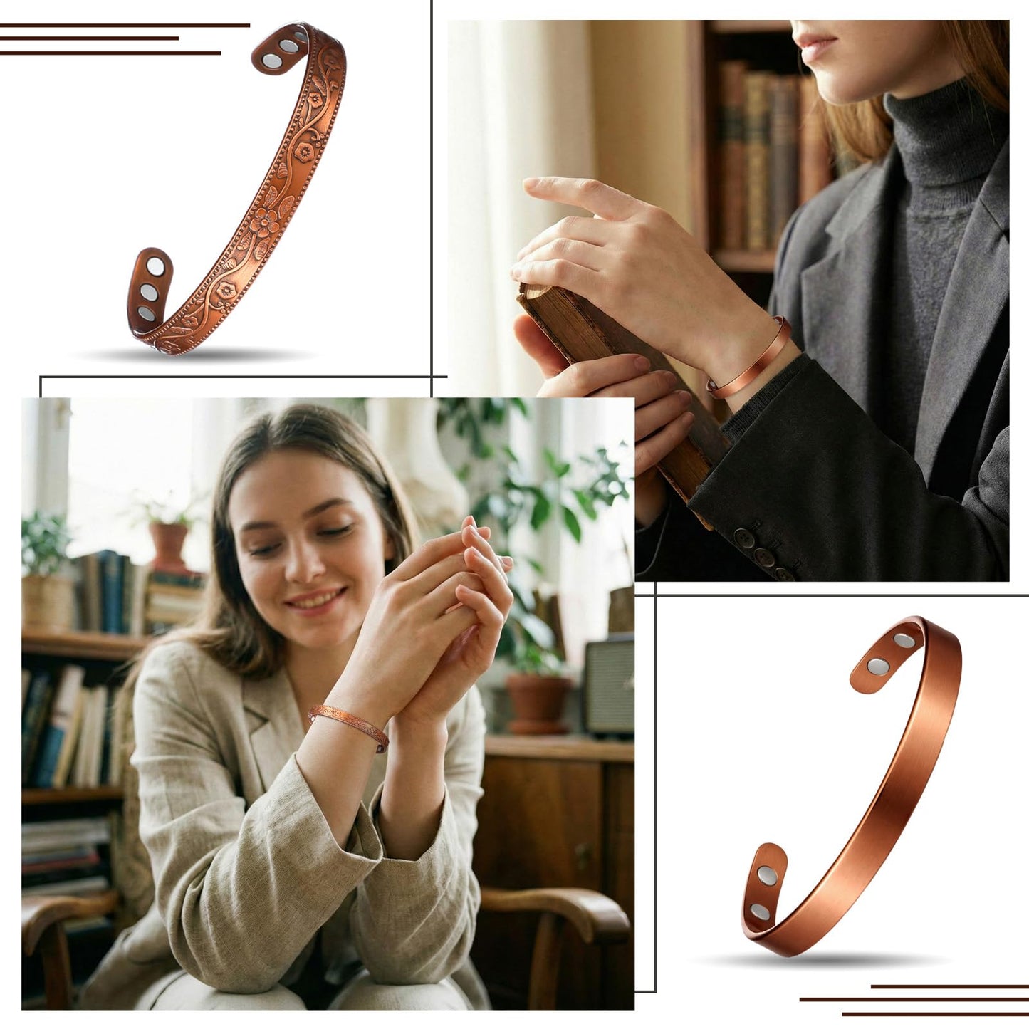Misdary 3 Pcs Copper Magnetic Bracelets for Women Ultra Strength Magnetic Bracelet with Magnets Natural Turquoise Stones Adjustable Jewelry Gift (Pure Copper)