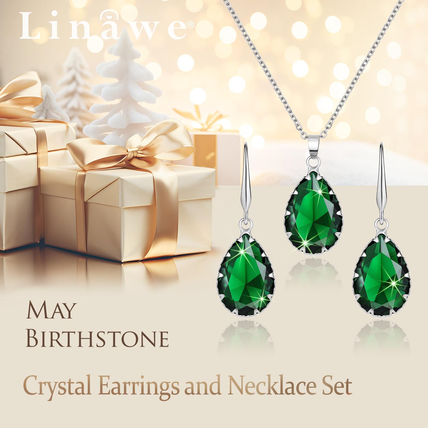 Linawe Emerald Crystal Imitation Diamond Jewelry Sets for Women, Silver Pendant Matching Necklace Set, Green Drop Dangle Earrings Set, Boho Rhinestone Teardrop Jewelry Wedding Bridal Bridesmaid