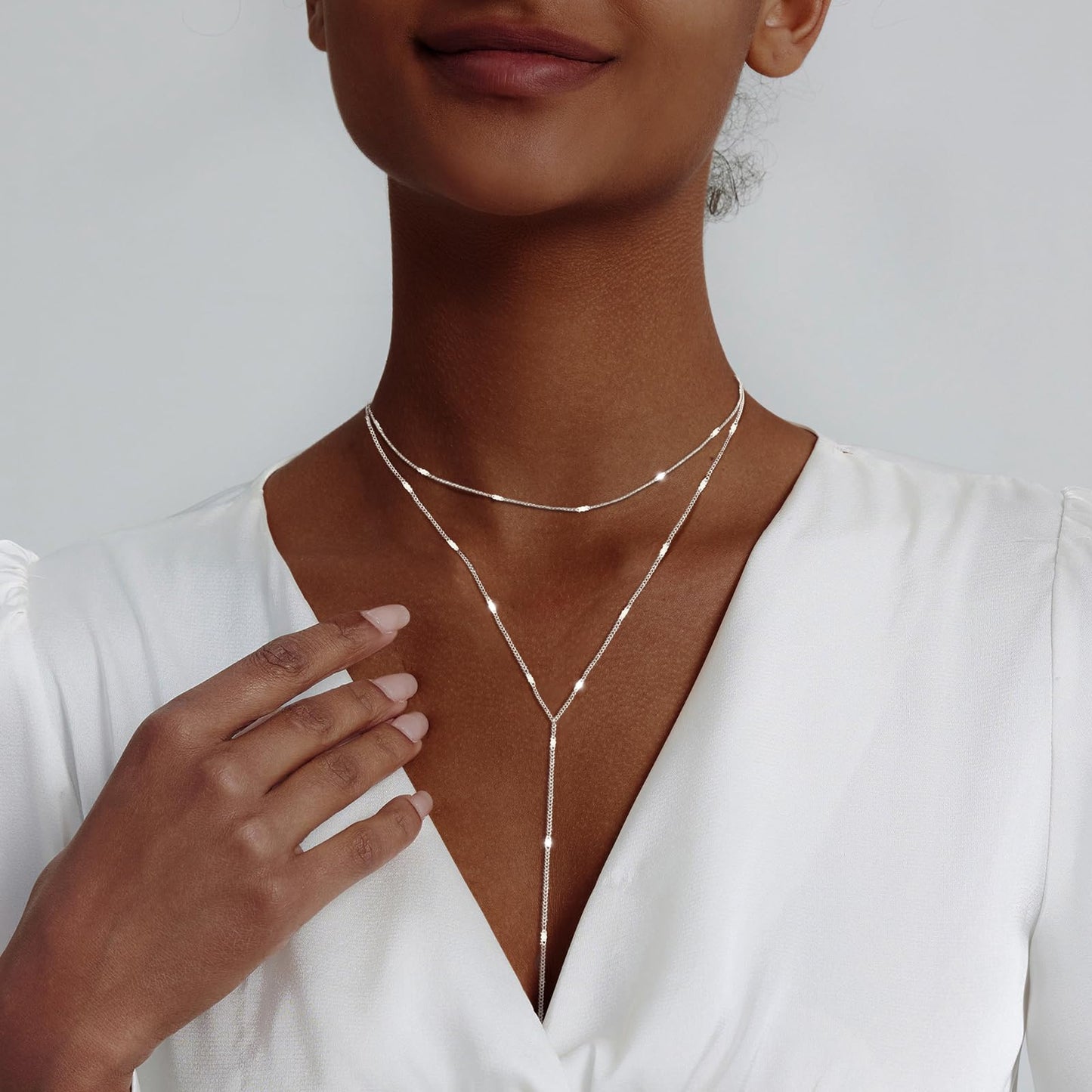 Luxval Layered Silver Necklace for Women 14K Silver Long Necklaces Y-Shaped Necklace Trendy Layered Chain Necklaces for Women Gift Jewelry