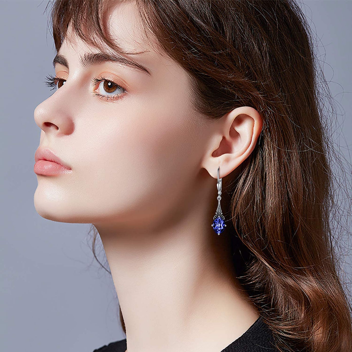 Sapphire Blue Vintage Leverback Earrings Sterling Silver Retro Drop Earrings with Oval Simulated September Birthstone Crystal from Austria, Birthday Jewelry Gifts for Women